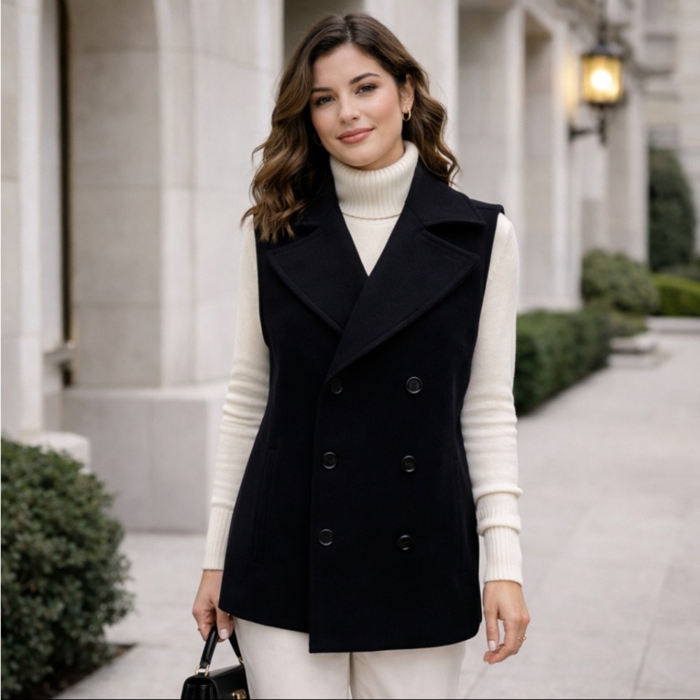AllSaints Italian Cloth Akan Sleeveless Pea Coat Black Wool blend Women's Small